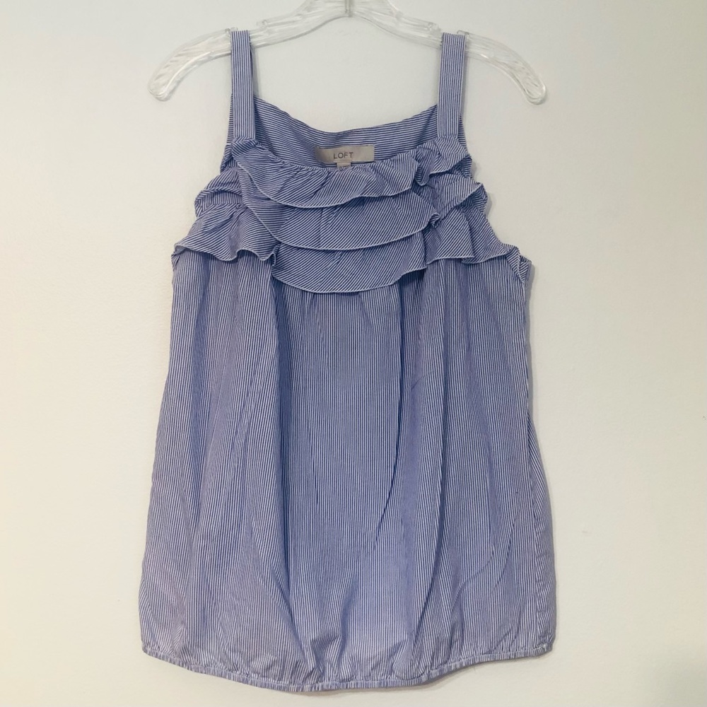 3/$25 LOFT Blue &!White Striped Tank Ruffle Detail